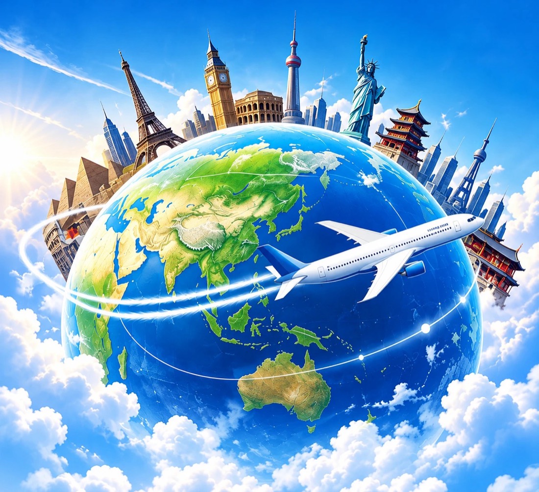 ランドマークの並ぶ地球のまわりを飛行機が飛ぶイラスト（アプリ「世界の国々」のトップ画像）